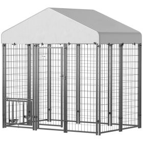 5.9' x 4' x 6' Outdoor Dog Kennel with Roof, Rotating & 4-Level Adjustable Bowls (Option: Silver-1440x620x230 mm)