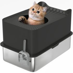 Extra Large Stainless Steel Litter Box, Enclosed Cat Litter Box with Scoop, Top Entrance, Non-slip Pads, Black (Option: Black-630x435x310 mm)