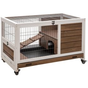 Indoor Rabbit Enclosure, on Wheels, Indoor Bunny Cage Small Animal House with Pull Out Tray Casters Ramp, 35.5" x 21" x 23", Brown (Option: Brown-955x575x180 mm)