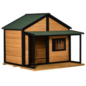 Outdoor Dog House Cabin Style, Wooden Raised Pet Kennel with Asphalt Roof, Front Door, Side Window, Porch for Medium and Large Dogs, Gray (Option: Yellow-1040x730x240 mm)