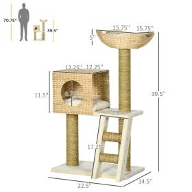 PawHut Cattail Weave Cat Tree For Indoor Cats Kitty Tower With Rattan Cat Condo, Wicker Bed, Ladder, Washable Cushions (Option: Natural White)