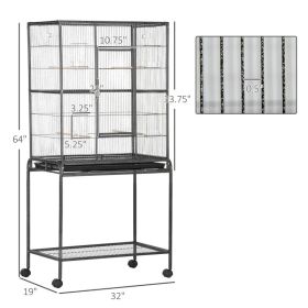 Rolling Metal Bird Cage Feeder With Detachable Rolling Stand, Storage Shelf, Wood Perch & Food Container (Option: Black Gray)