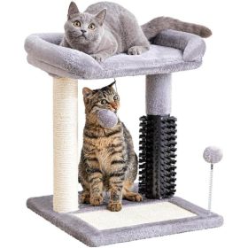 Small 4-in-1 Cat Tree Tower With Self-grooming Brush And Natural Sisal Scratching Post, Soft Plush Cat Bed And Hanging Ball, Suitable For Indoor (Option: Grey)