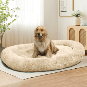 Large Dog Bed 67x43x8 Inches - Super Soft, Machine Washable & Portable With Handles, Non-Slip Bottom For Safety (Color: Beige)