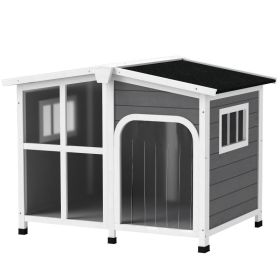 Cabin-Style Wooden Dog House for Large Dogs with Openable Roof & Giant Window, Dark Gray (Option: Dark Gray-910x720x250 mm)