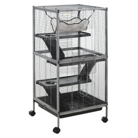 PawHut Metal Small Animal Cage Rolling Big Ferret Cage, Chinchilla Cage, Sugar Glider Cage, With Hammock & 4 Tiers, Removable Tray, Gray (Option: Gray)